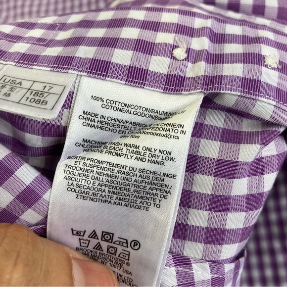 Brooks Brothers Slim Fit Long Sleeve Purple Button Down, Plaid Shirt Large 17 - Picture 7 of 8